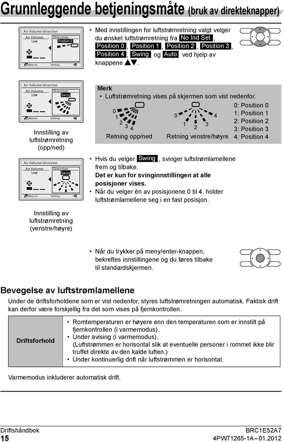 Air Volume/direction Air Volume Low Direction Swing Innstilling av luftstrømretning (opp/ned) Air Volume/direction Air Volume Low Direction Swing Merk Luftstrømretning vises på skjermen som vist