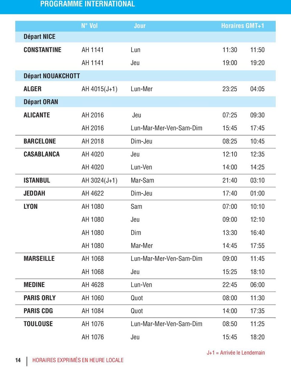 4622 Dim-Jeu 17:40 01:00 LYON AH 1080 Sam 07:00 10:10 AH 1080 Jeu 09:00 12:10 AH 1080 Dim 13:30 16:40 AH 1080 Mar-Mer 14:45 17:55 MARSEILLE AH 1068 Lun-Mar-Mer-Ven-Sam-Dim 09:00 11:45 AH 1068 Jeu