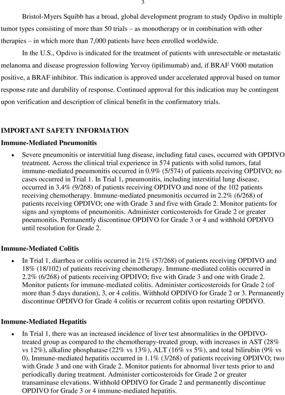 , Opdivo is indicated for the treatment of patients with unresectable or metastatic melanoma and disease progression following Yervoy (ipilimumab) and, if BRAF V600 mutation positive, a BRAF