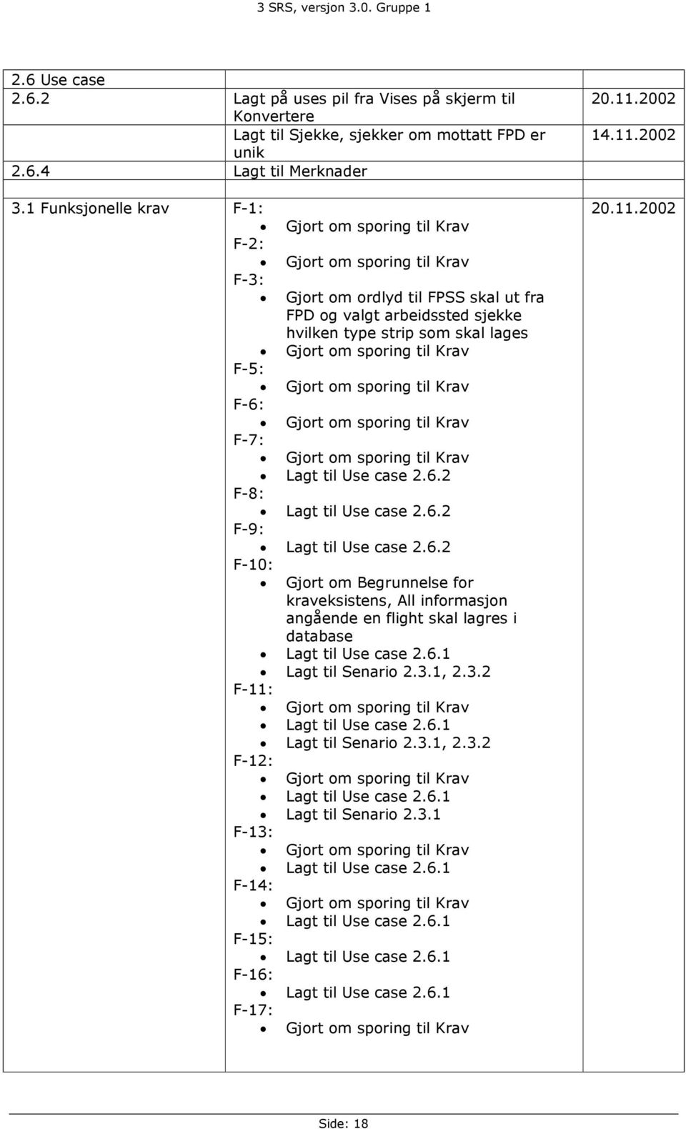 6.2 F-9: Lagt til Use case 2.6.2 F-10: Gjort om, All informasjon angående en flight skal lagres i database Lagt til Use case 2.6.1 Lagt til Senario 2.3.1, 2.3.2 F-11: Lagt til Use case 2.6.1 Lagt til Senario 2.3.1, 2.3.2 F-12: Lagt til Use case 2.