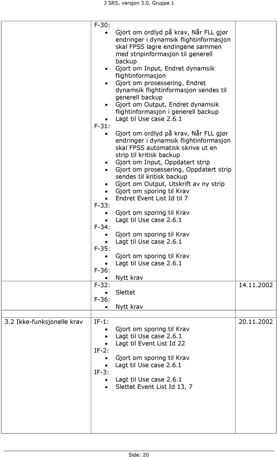 1 F-31: Gjort om ordlyd på krav, Når FLL gjør endringer i dynamsik flightinformasjon skal FPSS automatisk skrive ut en strip til kritisk backup Gjort om Input, Oppdatert strip Gjort om prosessering,