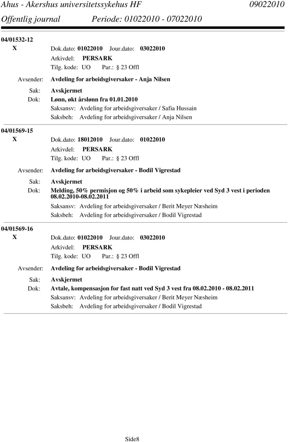 dato: 01022010 Jour.dato: 03022010 Avdeling for arbeidsgiversaker - Bodil Vigrestad Avtale, kompensasjon for fast natt ved Syd 3 vest fra 08.02.2010-08.02.2011 Saksansv: Avdeling for arbeidsgiversaker / Berit Meyer Næsheim Saksbeh: Avdeling for arbeidsgiversaker / Bodil Vigrestad Side8