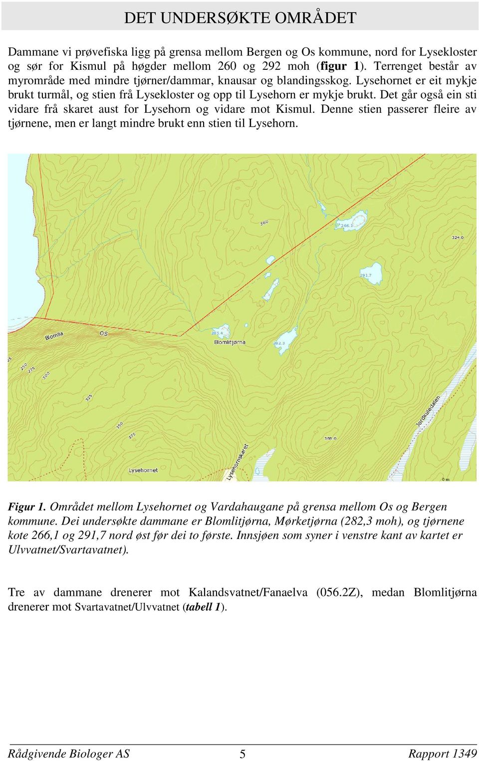 Det går også ein sti vidare frå skaret aust for Lysehorn og vidare mot Kismul. Denne stien passerer fleire av tjørnene, men er langt mindre brukt enn stien til Lysehorn. Figur 1.