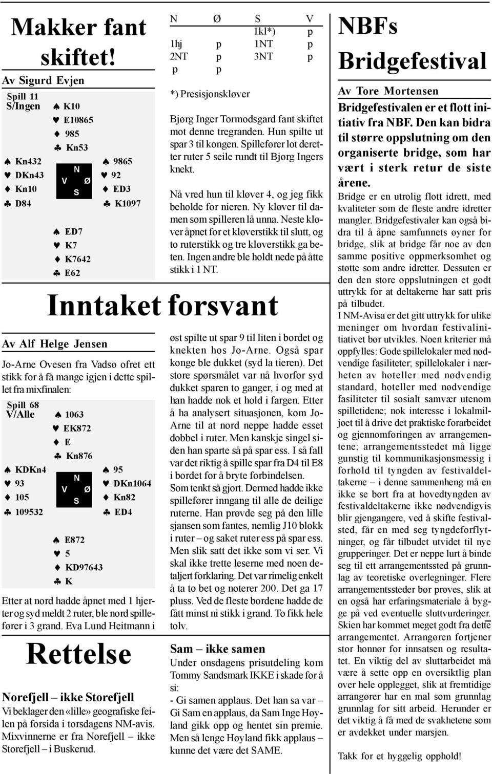 mixfinalen: Ø S V 1kl*) p 1hj p 1T p 2T p 3T p p p *) Presisjonskløver Bjørg Inger Tormodsgard fant skiftet mot denne tregranden. Hun spilte ut spar 3 til kongen.