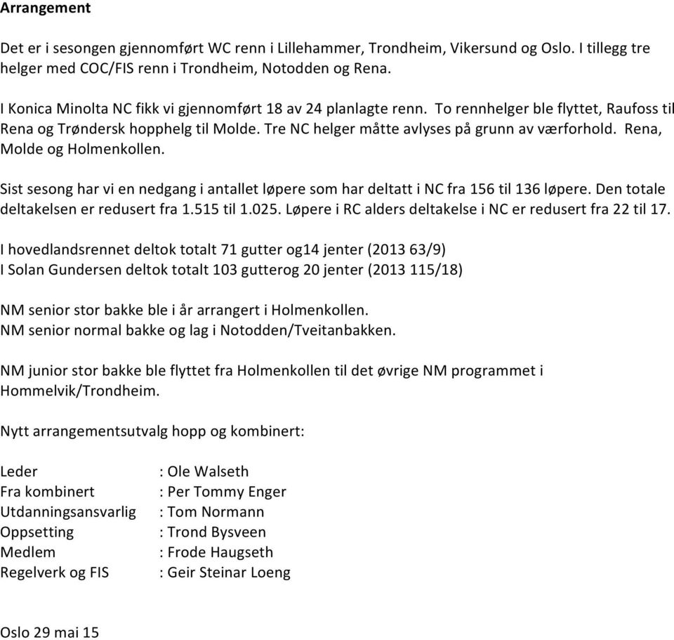 Rena, Molde og Holmenkollen. Sist sesong har vi en nedgang i antallet løpere som har deltatt i NC fra 156 til 136 løpere. Den totale deltakelsen er redusert fra 1.515 til 1.025.