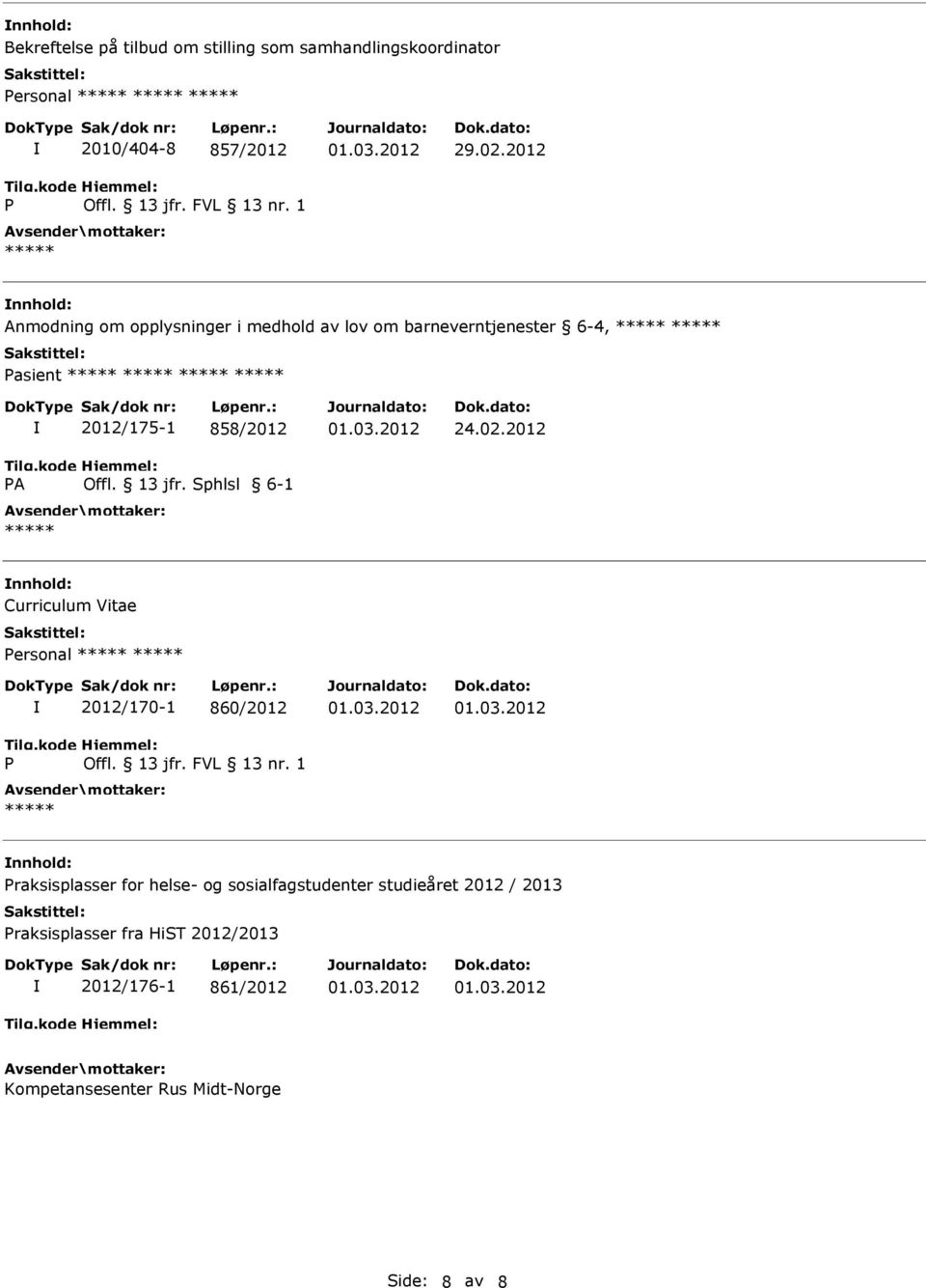 2012 nnhold: Curriculum Vitae ersonal 2012/170-1 860/2012 nnhold: raksisplasser for helse- og