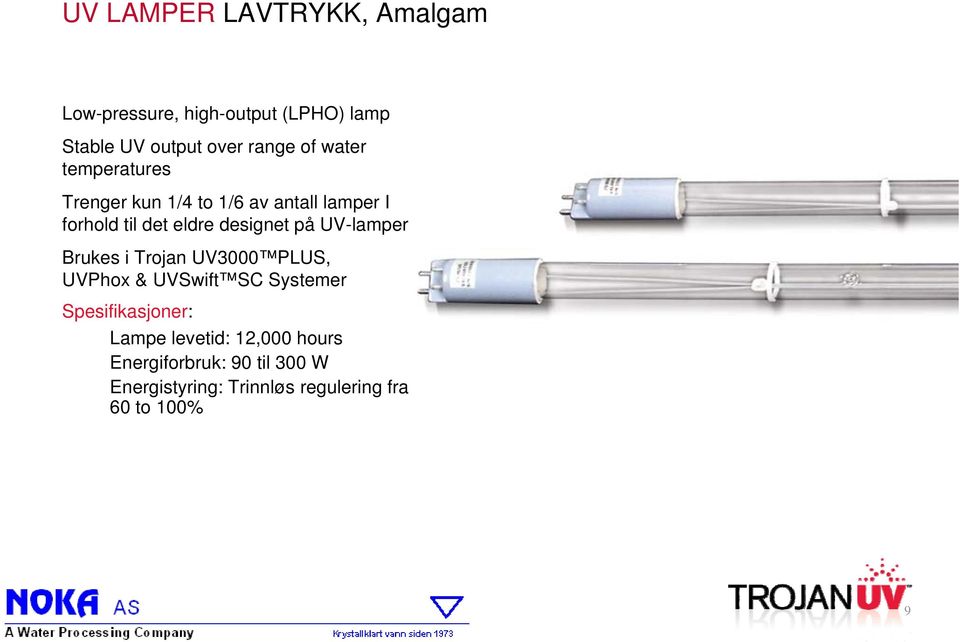 på UV-lamper Brukes i Trojan UV3000 PLUS, UVPhox & UVSwift SC Systemer Spesifikasjoner: Lampe