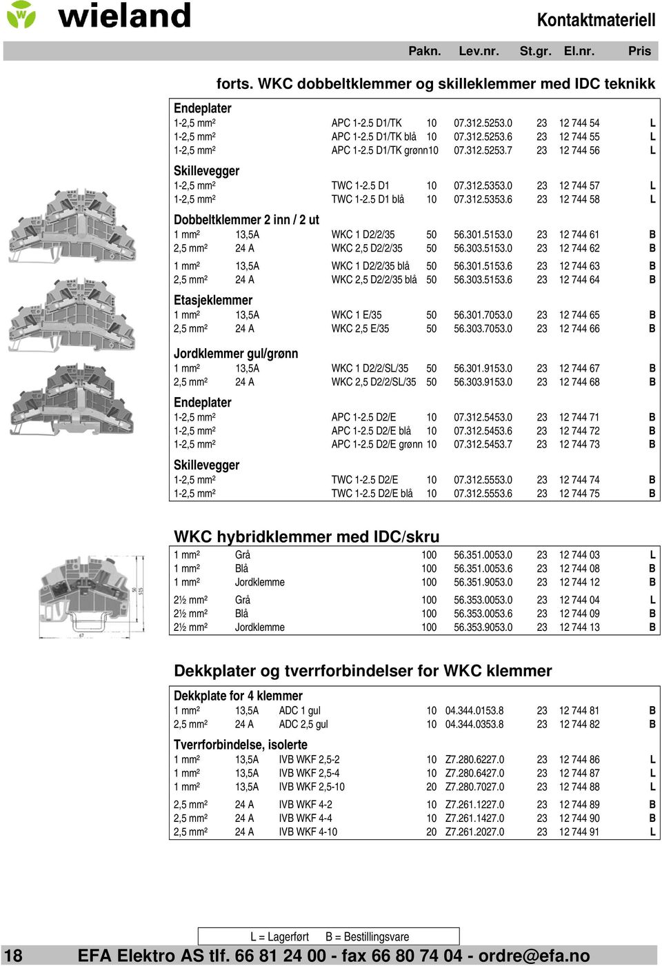 301.5153.0 23 12 744 61 B 2,5 mm² 24 A WKC 2,5 D2/2/35 50 56.303.5153.0 23 12 744 62 B 1 mm² 13,5A WKC 1 D2/2/35 blå 50 56.301.5153.6 23 12 744 63 B 2,5 mm² 24 A WKC 2,5 D2/2/35 blå 50 56.303.5153.6 23 12 744 64 B Etasjeklemmer 1 mm² 13,5A WKC 1 E/35 50 56.