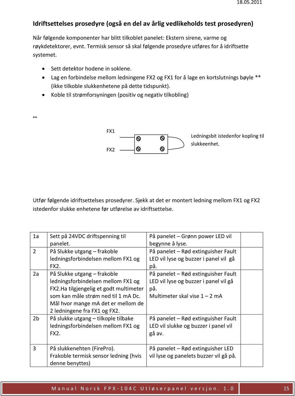 Lag en forbindelse mellom ledningene FX2 og FX1 for å lage en kortslutnings bøyle ** (ikke tilkoble slukkenhetene på dette tidspunkt).