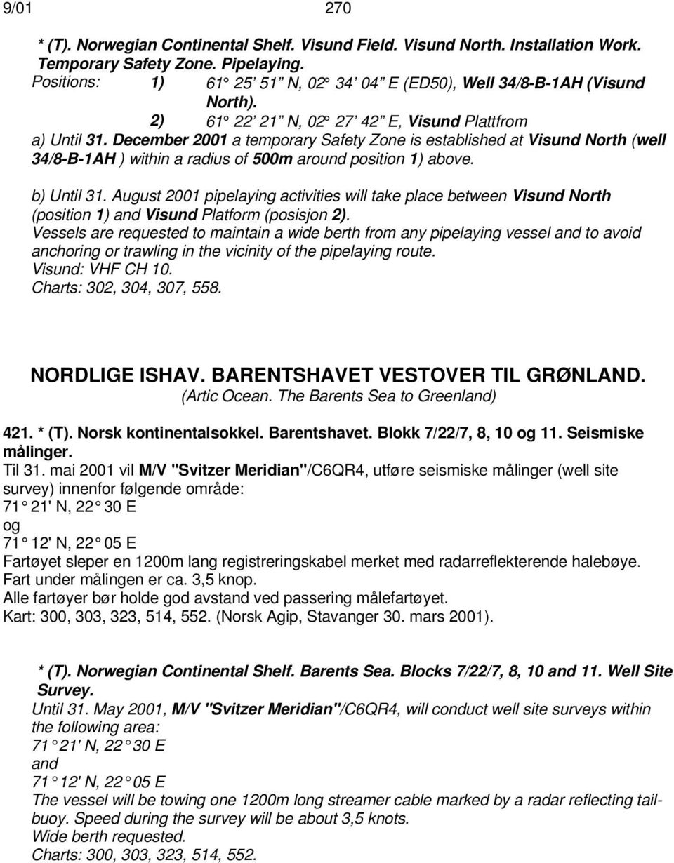 December 2001 a temporary Safety Zone is established at Visund North (well 34/8-B-1AH ) within a radius of 500m around position 1) above. b) Until 31.