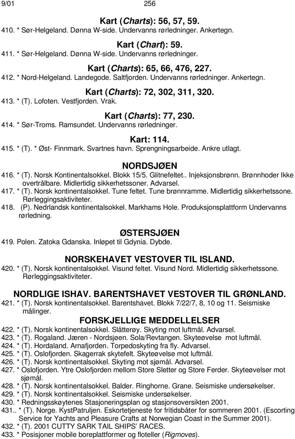 Ramsundet. Undervanns rørledninger. Kart: 114. 415. * (T). * Øst- Finnmark. Svartnes havn. Sprengningsarbeide. Ankre utlagt. NORDSJØEN 416. * (T). Norsk Kontinentalsokkel. Blokk 15/5. Glitnefeltet.