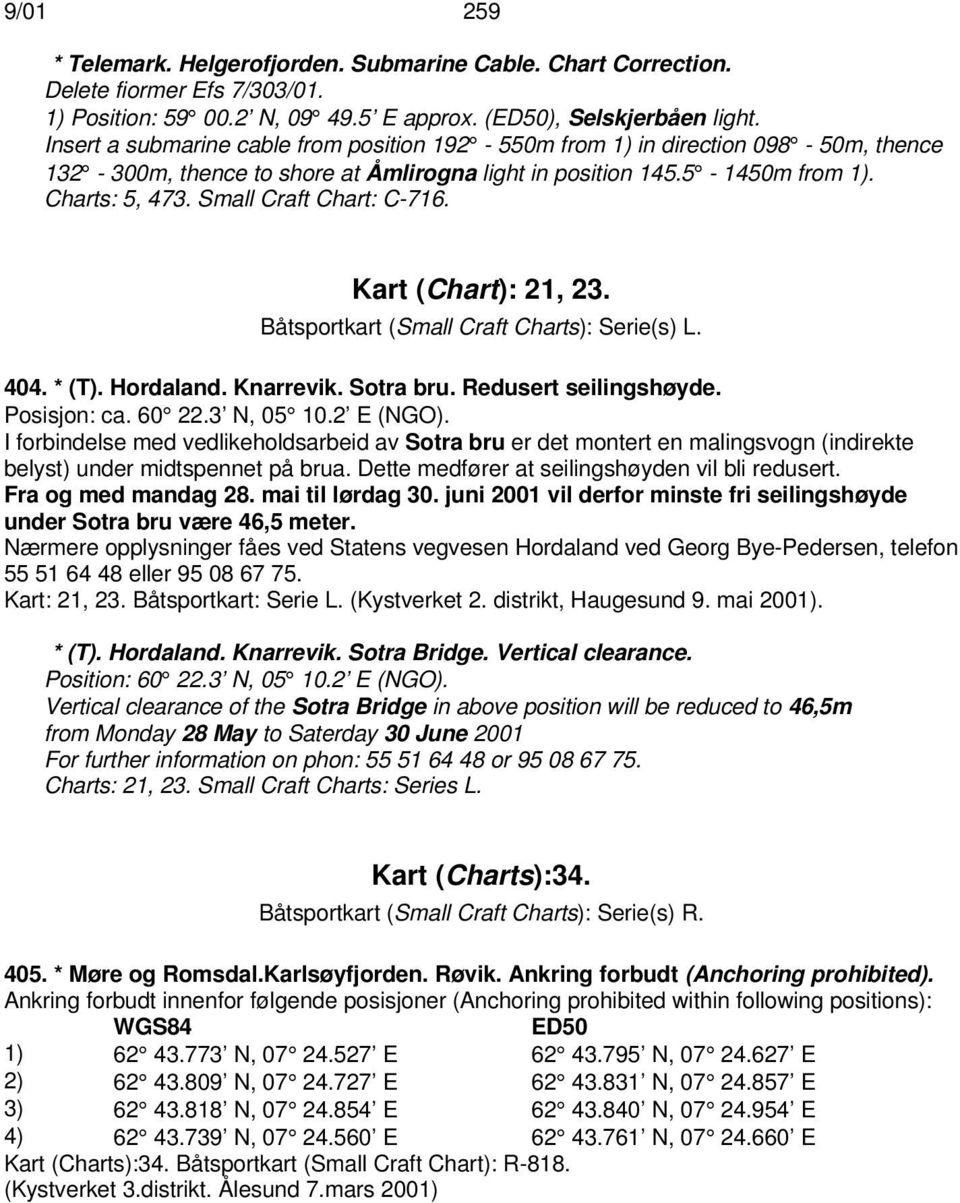 Small Craft Chart: C-716. Kart (Chart): 21, 23. Båtsportkart (Small Craft Charts): Serie(s) L. 404. * (T). Hordaland. Knarrevik. Sotra bru. Redusert seilingshøyde. Posisjon: ca. 60 22.3 N, 05 10.