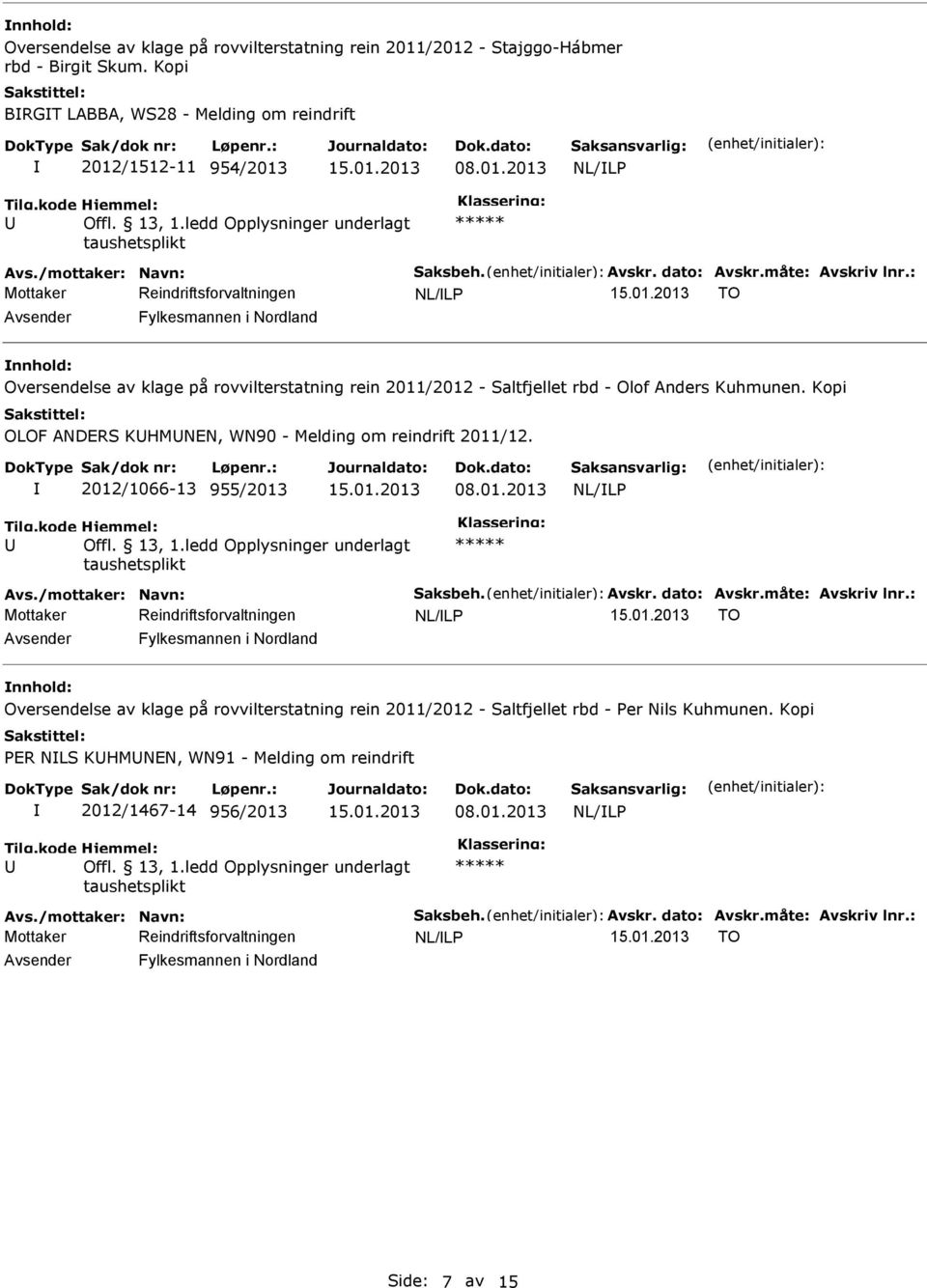 : TO Oversendelse av klage på rovvilterstatning rein 2011/2012 - Saltfjellet rbd - Olof Anders Kuhmunen. Kopi OLOF ANDERS KHMNEN, WN90 - Melding om reindrift 2011/12. 2012/1066-13 955/2013 08.01.2013 Tilg.