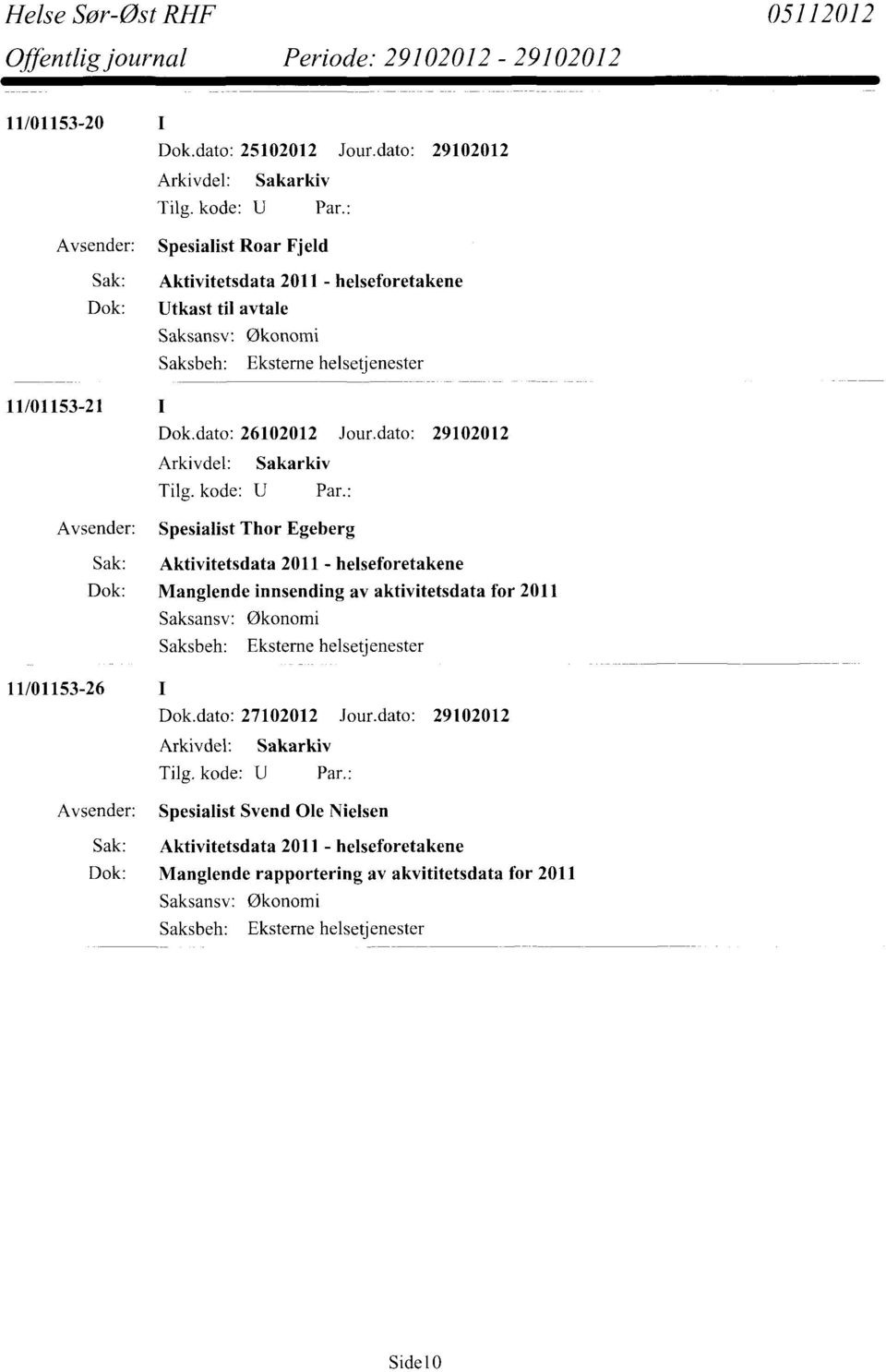 Egeberg Sak: Aktivitetsdata 2011 - helseforetakene Dok: Manglende innsending av aktivitetsdata for 2011 Saksansv: Økonomi Saksbeh: Eksteme helsetjenester