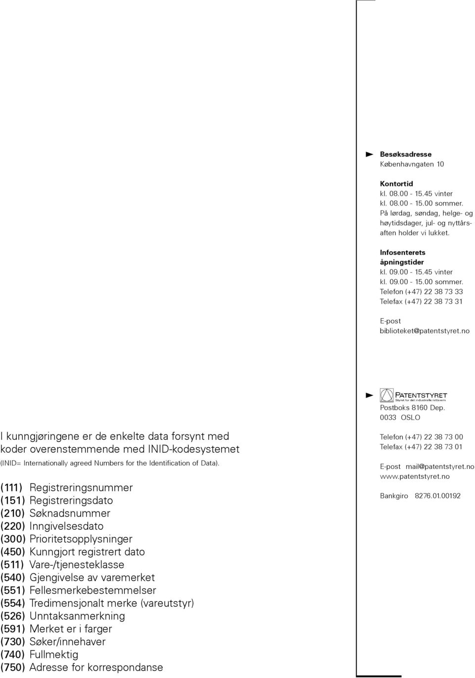 0033 OSLO I kunngjøringene er de enkelte data forsynt med koder overenstemmende med INID-kodesystemet (INID= Internationally agreed Numbers for the Identification of Data).