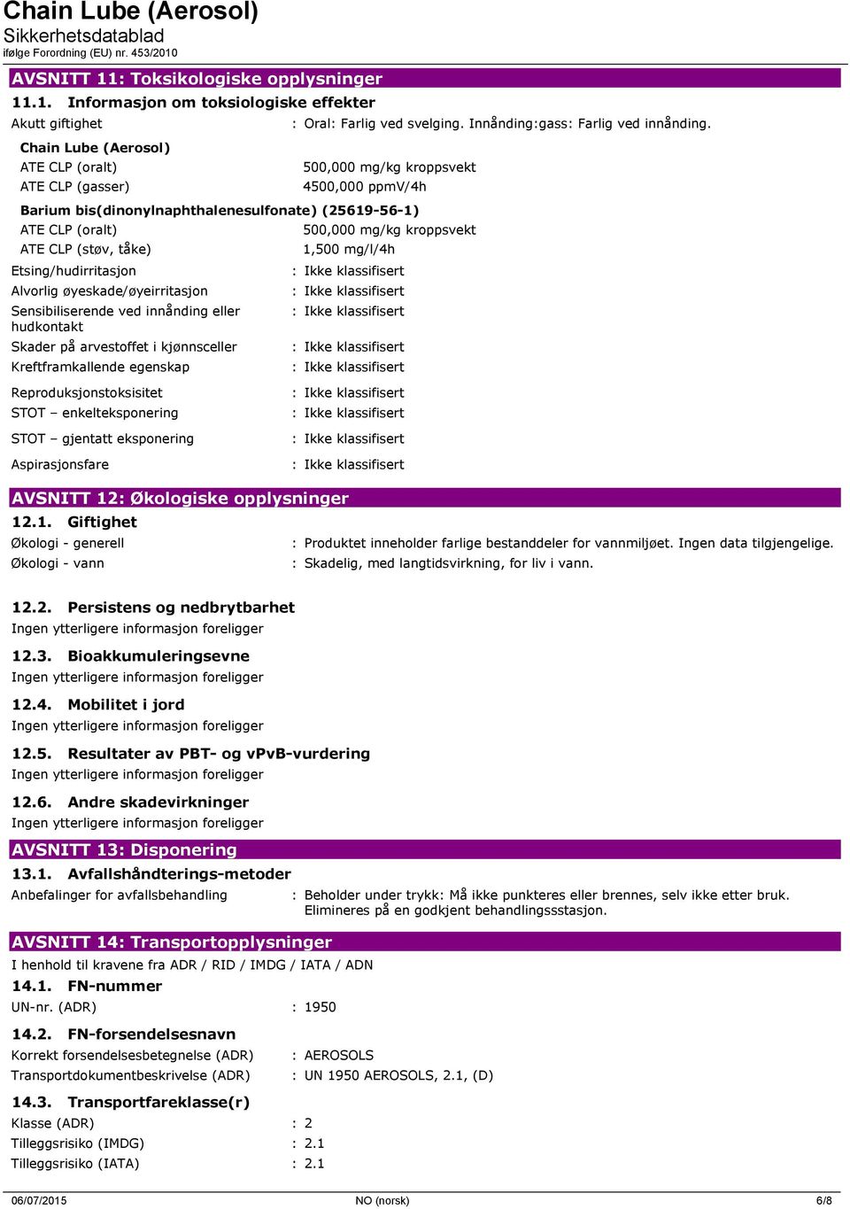 500,000 mg/kg kroppsvekt 4500,000 ppmv/4h Barium bis(dinonylnaphthalenesulfonate) (25619-56-1) ATE CLP (oralt) ATE CLP (støv, tåke) Etsing/hudirritasjon Alvorlig øyeskade/øyeirritasjon