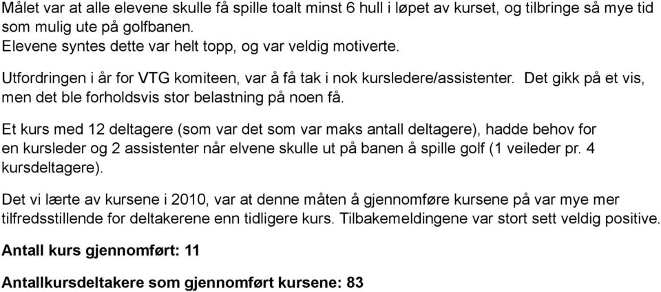 Et kurs med 12 deltagere (som var det som var maks antall deltagere), hadde behov for en kursleder og 2 assistenter når elvene skulle ut på banen å spille golf (1 veileder pr. 4 kursdeltagere).