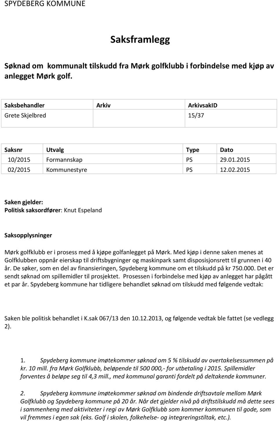 2015 Kommunestyre PS 12.02.2015 Saken gjelder: Politisk saksordfører: Knut Espeland Saksopplysninger Mørk golfklubb er i prosess med å kjøpe golfanlegget på Mørk.