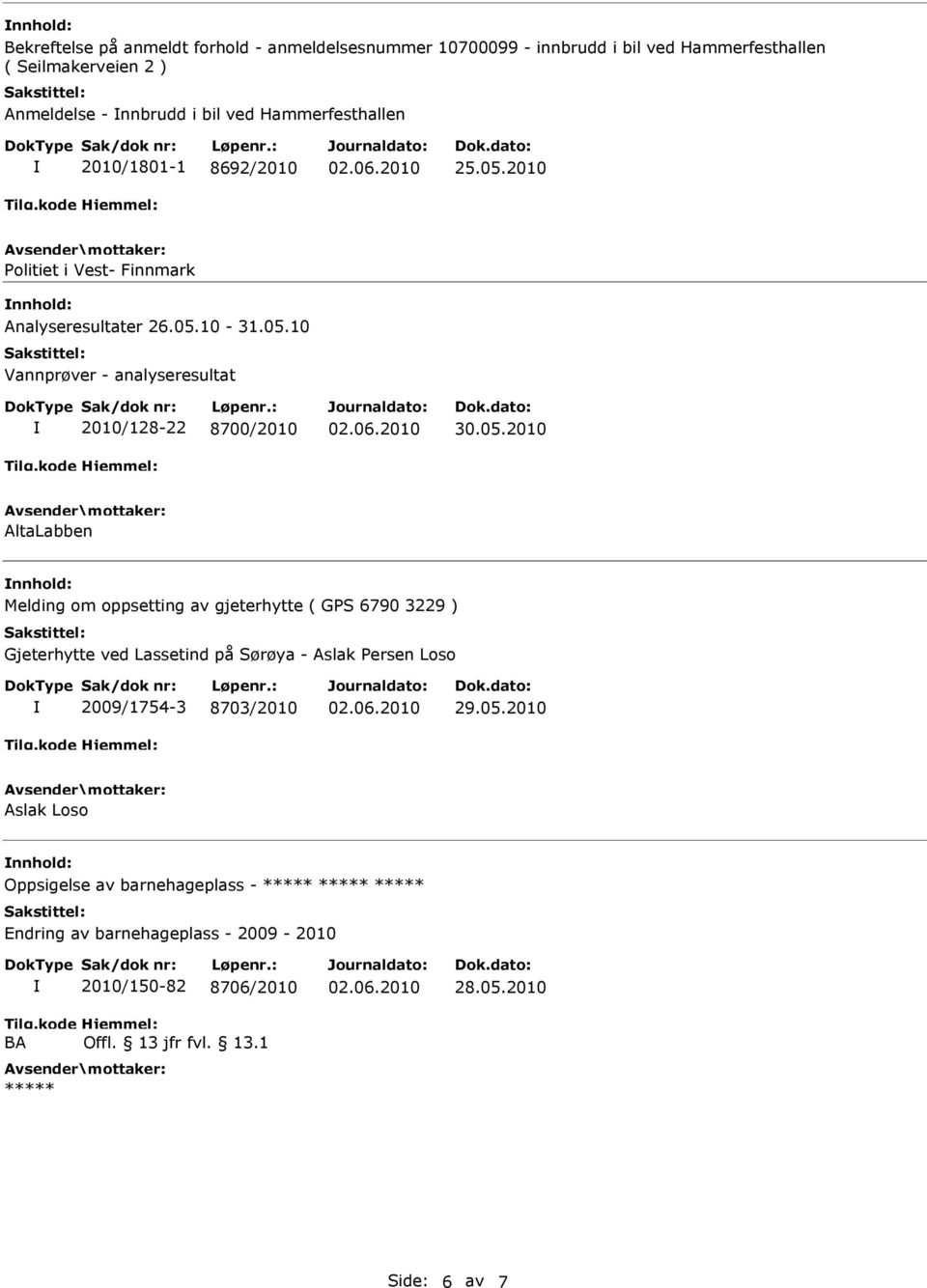 05.2010 AltaLabben nnhold: Melding om oppsetting av gjeterhytte ( GPS 6790 3229 ) Gjeterhytte ved Lassetind på Sørøya - Aslak Persen Loso 2009/1754-3 8703/2010 29.