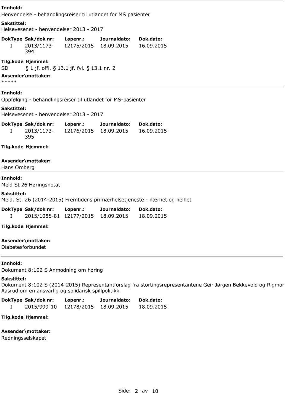 09.2015 Hans Omberg 2015/1085-81 12177/2015 Diabetesforbundet Dokument 8:102 S Anmodning om høring Dokument 8:102 S (2014-2015) Representantforslag fra