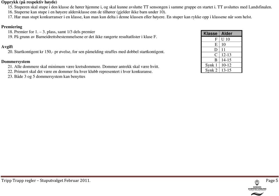 En stuper kan rykke opp i klassene når som helst. Premiering 18. Premier for 1. 3. plass, samt 1/3 dels premier 19. På grunn av Barneidrettsbestemmelsene er det ikke rangerte resultatlister i klase F.