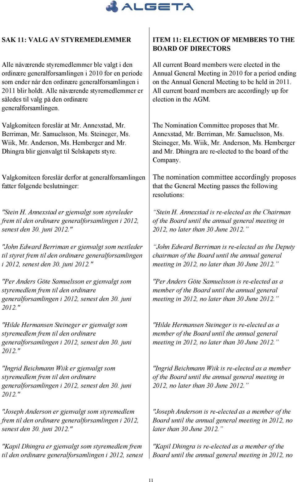 Hemberger and Mr. Dhingra blir gjenvalgt til Selskapets styre. Valgkomiteen foreslår derfor at generalforsamlingen fatter følgende beslutninger: "Stein H.