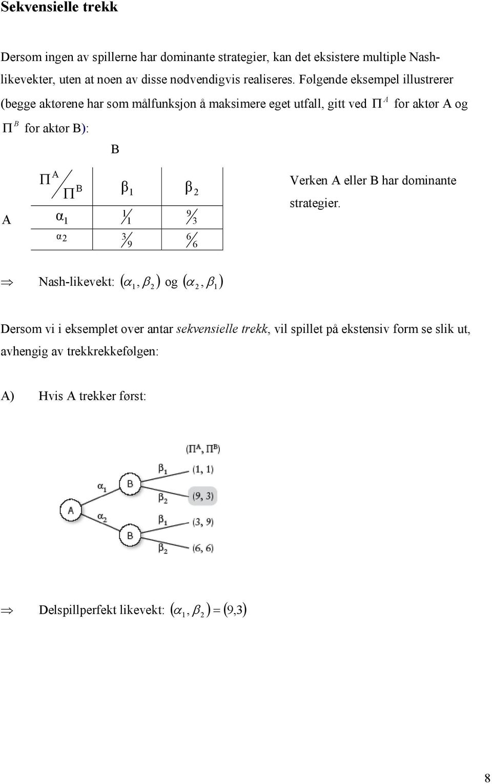 Følgende eksempel illustrerer (begge aktørene har som målfunksjon å maksimere eget utfall, gitt ved Π for aktør ): Π for aktør og Π Π β β α α 9