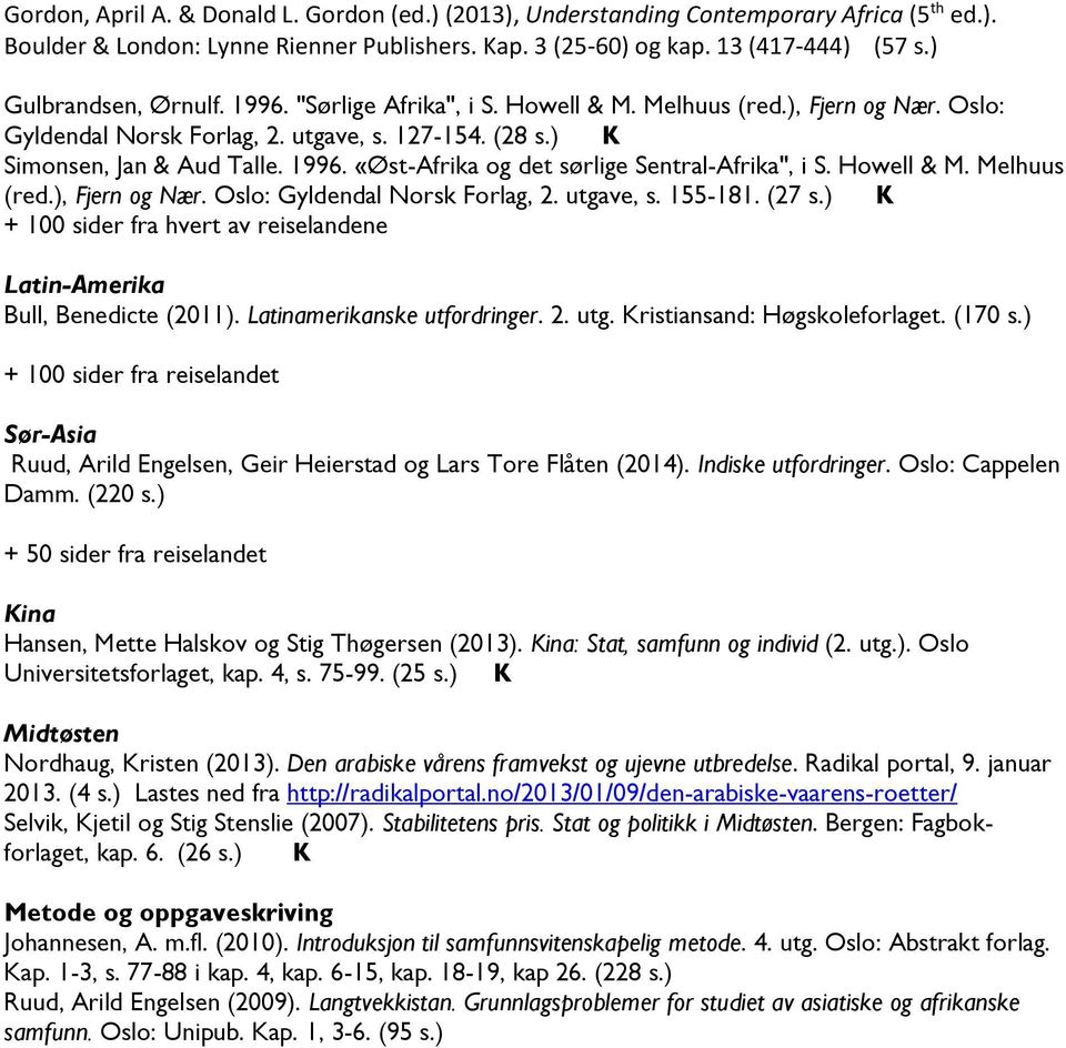 Howell & M. Melhuus (red.), Fjern og Nær. Oslo: Gyldendal Norsk Forlag, 2. utgave, s. 155-181. (27 s.) K + 100 sider fra hvert av reiselandene Latin-Amerika Bull, Benedicte (2011).