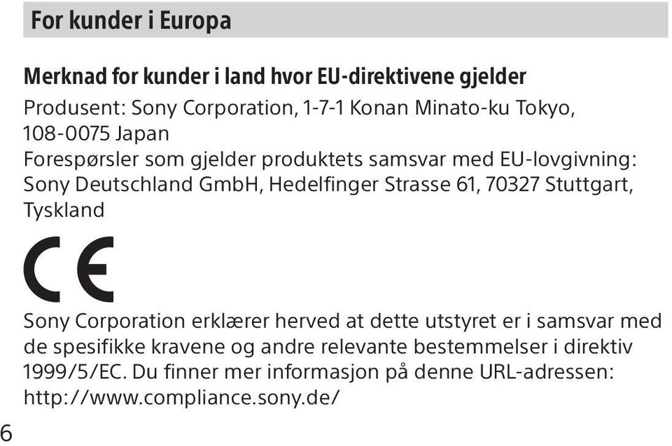 Strasse 61, 70327 Stuttgart, Tyskland 6 Sony Corporation erklærer herved at dette utstyret er i samsvar med de spesifikke