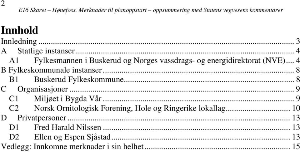 .. 4 B Fylkeskommunale instanser... 8 B1 Buskerud Fylkeskommune... 8 C Organisasjoner... 9 C1 Miljøet i Bygda Vår.