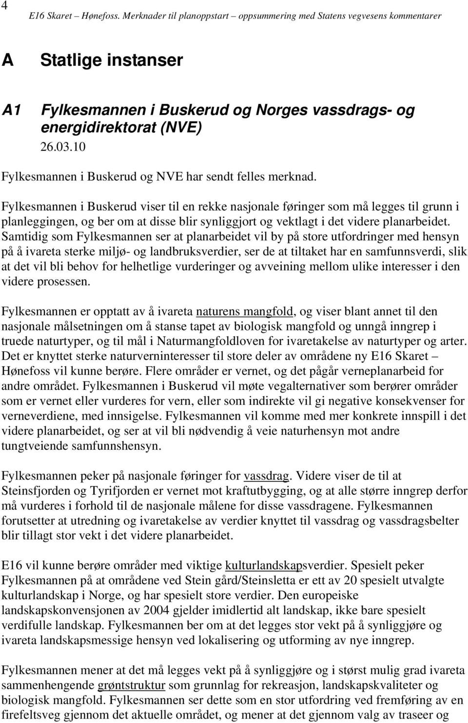 Fylkesmannen i Buskerud viser til en rekke nasjonale føringer som må legges til grunn i planleggingen, og ber om at disse blir synliggjort og vektlagt i det videre planarbeidet.