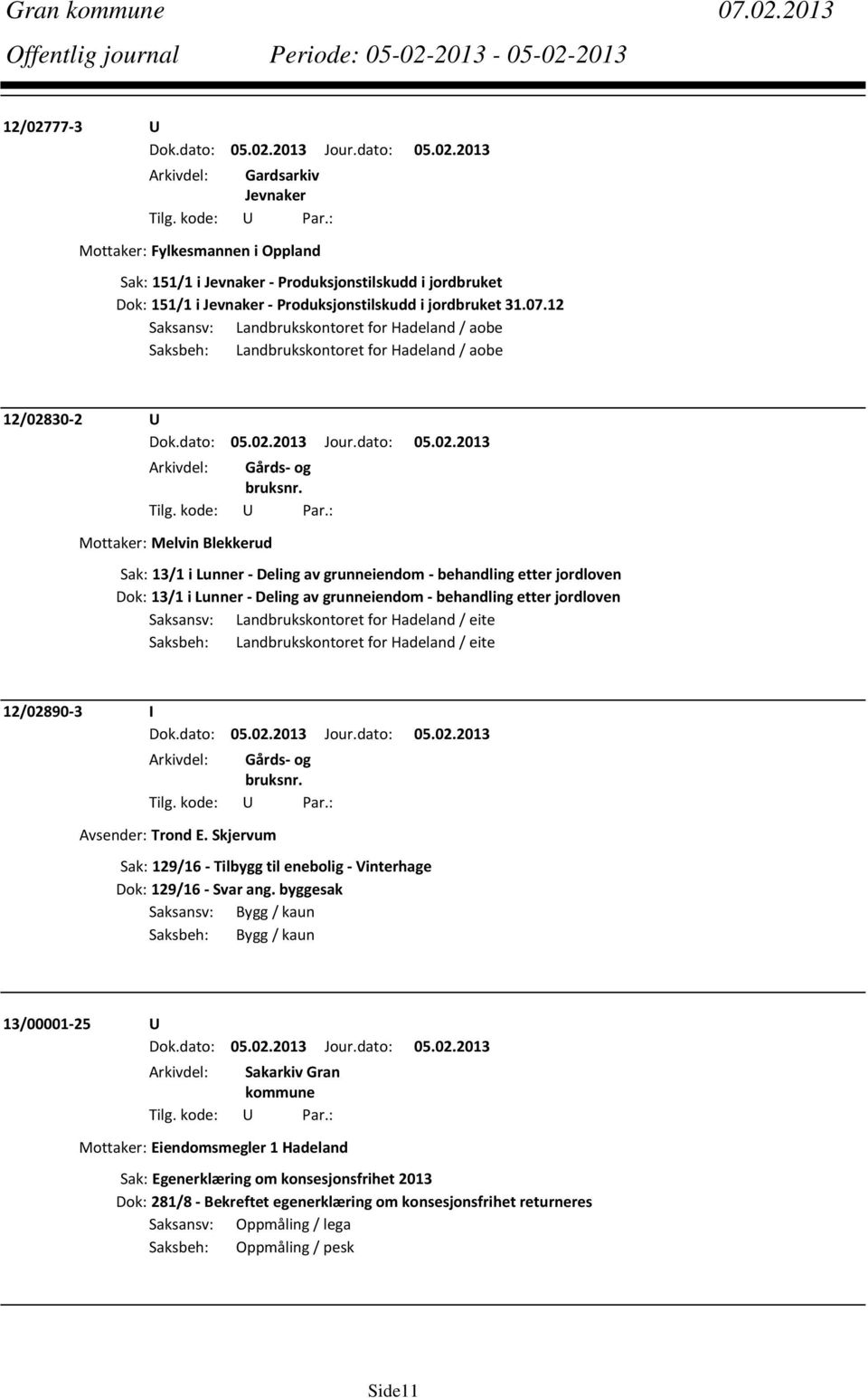 12 Saksansv: Landbrukskontoret for Hadeland / aobe Saksbeh: Landbrukskontoret for Hadeland / aobe 12/02830 2 U Mottaker: Melvin Blekkerud Sak: 13/1 i Lunner Deling av grunneiendom behandling etter