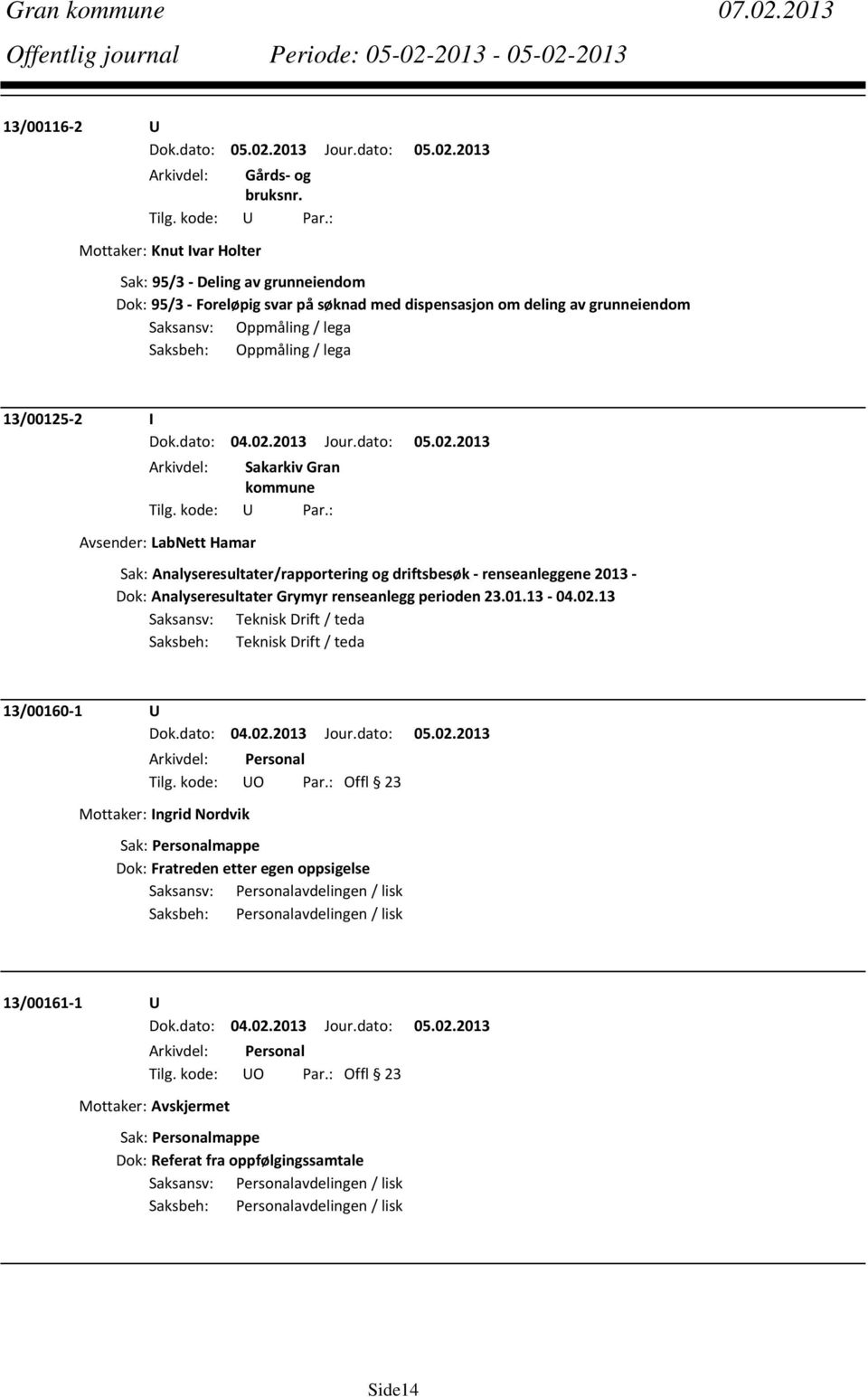 Oppmåling / lega 13/00125 2 I Avsender: LabNett Hamar Sak: Analyseresultater/rapportering og driftsbesøk renseanleggene 2013 Dok: Analyseresultater Grymyr renseanlegg perioden 23.01.13 04.02.