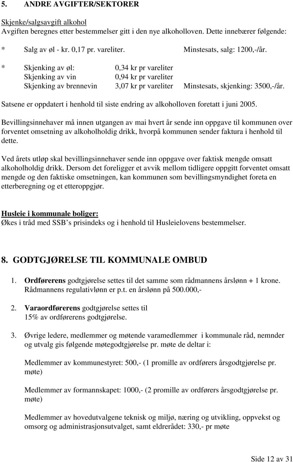 Satsene er oppdatert i henhold til siste endring av alkoholloven foretatt i juni 2005.