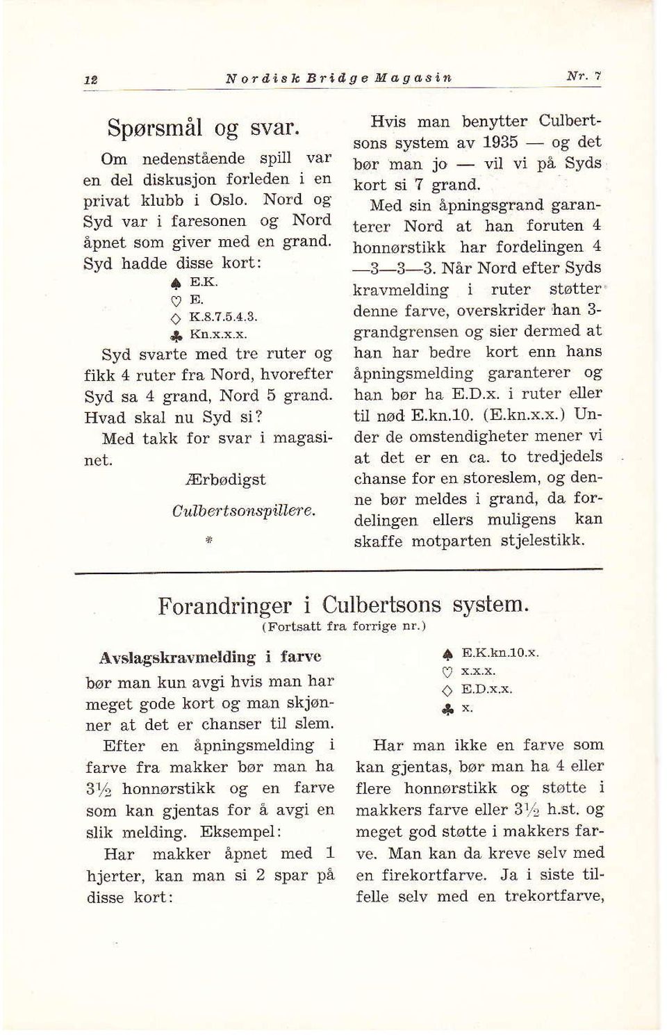 Med tåkk for svar i magasi net.,jnrbødigst Culbertsonsp'illere. Hvis mån benytter Culbertsons system av 1935 og det - bør man jo - vil vi på Syds kort si 7 grånd.