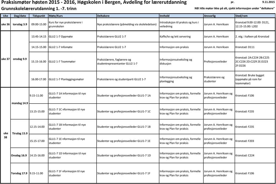 9 15.15-16.00 GLU2 1-7 Teammøter studentrepresentanter GLU2 1-7 diskusjon Kronstad: 2A:C224 2B:C225 2C:C226 2D:C229 2E:D223 2F:D226 16.00-17.