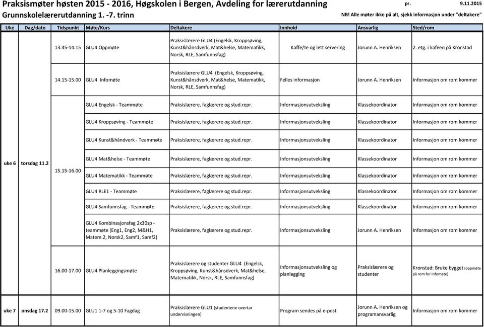 Informasjonsutveksling Klassekoordinator GLU4 Kroppsøving - Teammøte stud.repr. Informasjonsutveksling Klassekoordinator GLU4 Kunst&håndverk - Teammøte stud.repr. Informasjonsutveksling Klassekoordinator uke 6 torsdag 11.