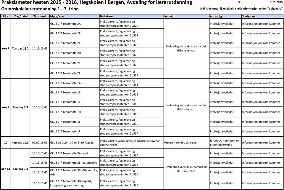 Teammøte 1D GLU1 1-7 Teammøte 1E GLU1 1-7 Teammøte 1F studentrepresentanter GLU2A studentrepresentanter GLU2B studentrepresentanter GLU2C studentrepresentanter GLU2D studentrepresentanter GLU2E