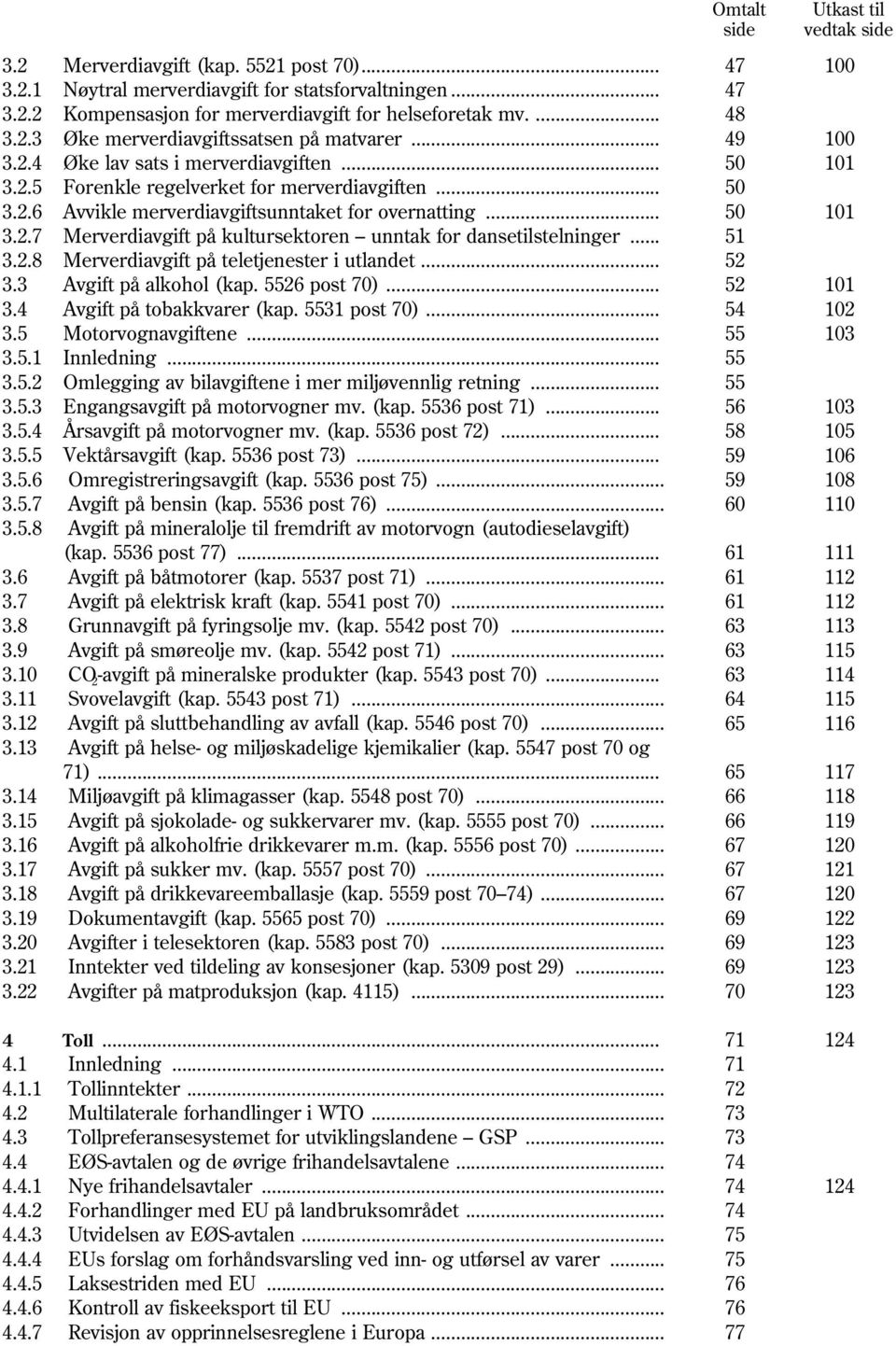 .. 3.2.8 Merverdiavgift på teletjenester i utlandet... 3.3 Avgift på alkohol (kap. 5526 post 70)... 3.4 Avgift på tobakkvarer (kap. 5531 post 70)... 3.5 Motorvognavgiftene... 3.5.1 Innledning... 3.5.2 Omlegging av bilavgiftene i mer miljøvennlig retning.