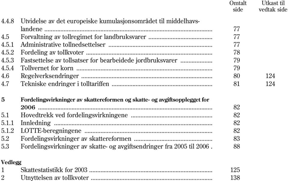 7 Tekniske endringer i tolltariffen... 81 124 5 Fordelingsvirkninger av skattereformen og skatte- og avgiftsopplegget for 2006... 82 5.1 Hovedtrekk ved fordelingsvirkningene... 82 5.1.1 Innledning.