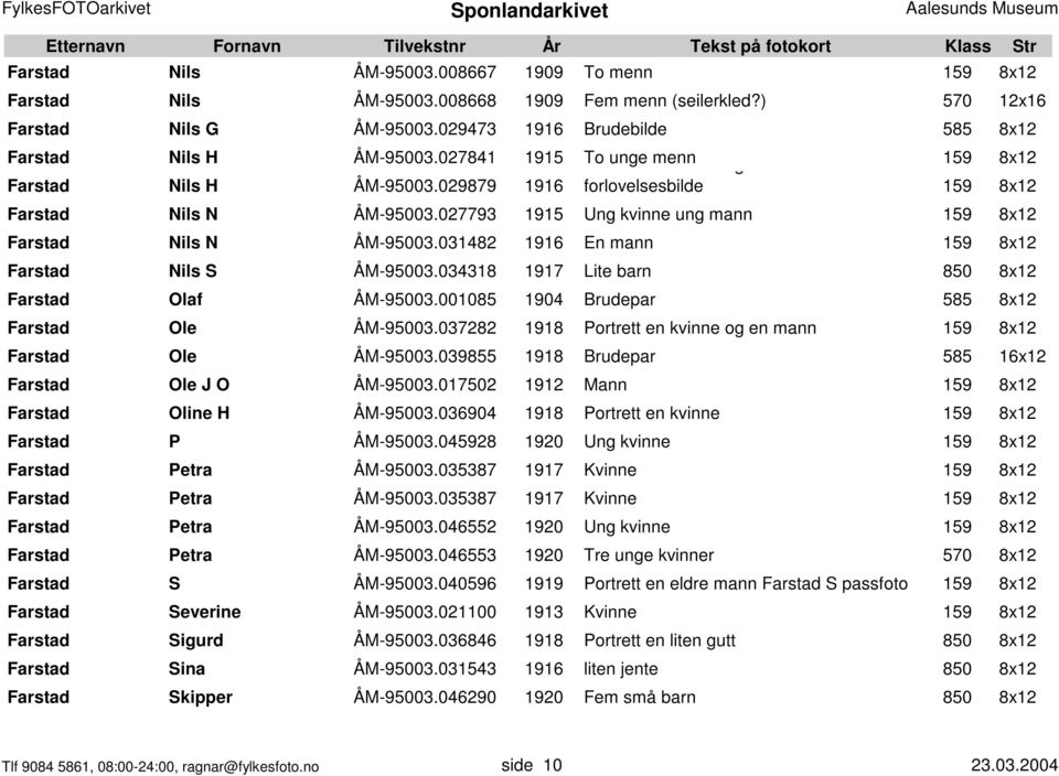 027793 1915 Ung kvinne ung mann 159 8x12 Farstad Nils N ÅM-95003.031482 1916 En mann 159 8x12 Farstad Nils S ÅM-95003.034318 1917 Lite barn 850 8x12 Farstad Olaf ÅM-95003.