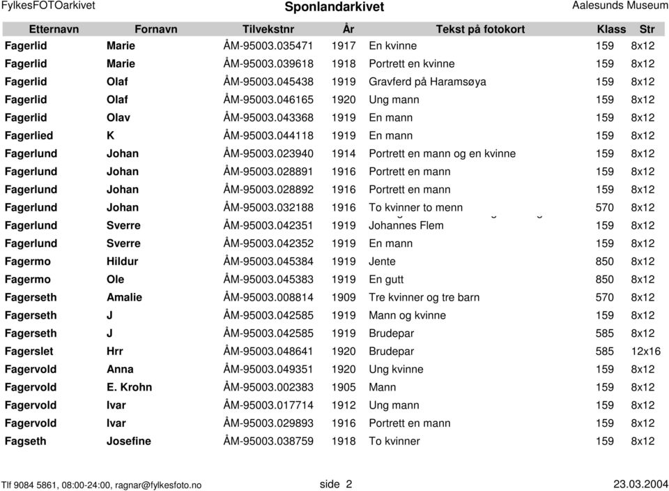 044118 1919 En mann 159 8x12 Fagerlund Johan ÅM-95003.023940 1914 Portrett en mann og en kvinne 159 8x12 Fagerlund Johan ÅM-95003.028891 1916 Portrett en mann 159 8x12 Fagerlund Johan ÅM-95003.
