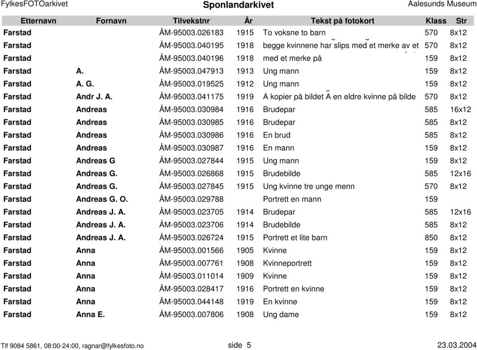 G. ÅM-95003.019525 1912 Ung Portrett mann to menn og en kvinne Farstad Andr J 159 8x12 Farstad Andr J. A. ÅM-95003.041175 1919 A kopier på bildet A en eldre kvinne på bilde 570 8x12 Farstad Andreas ÅM-95003.