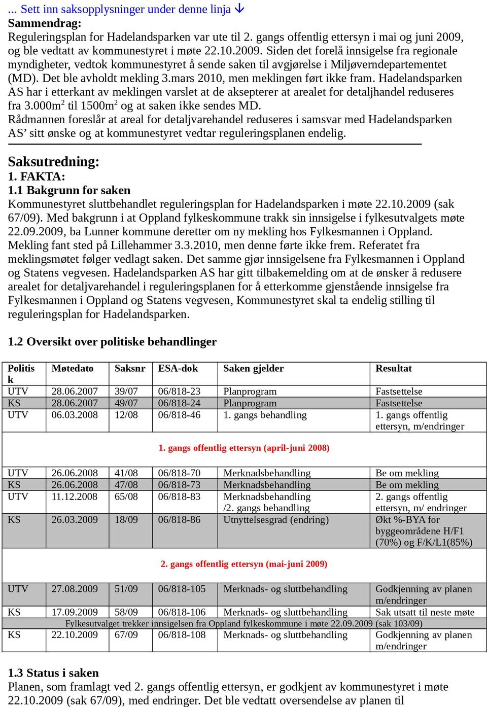 mars 2010, men meklingen ført ikke fram. Hadelandsparken AS har i etterkant av meklingen varslet at de aksepterer at arealet for detaljhandel reduseres fra 3.