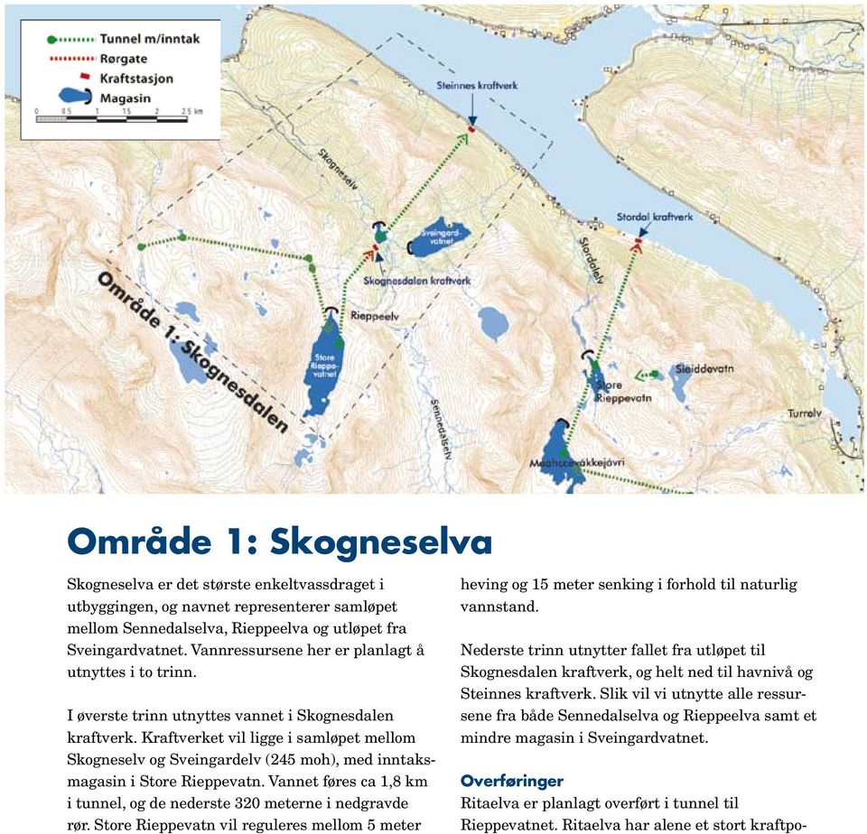 Kraftverket vil ligge i samløpet mellom Skogneselv og Sveingardelv (245 moh), med inntaksmagasin i Store Rieppevatn. Vannet føres ca 1,8 km i tunnel, og de nederste 320 meterne i nedgravde rør.