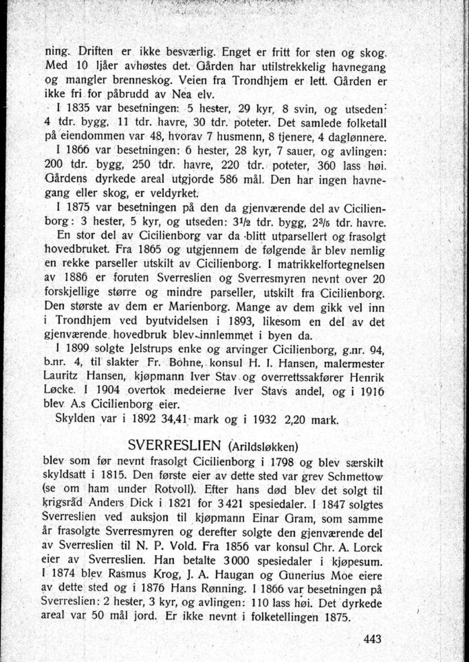 poteter Det samlede folketall pl eiendommen var 48 hvorav 7 husmenn 8 tjenere 4 daglonnere. I 1866 var besetningen: 6 hester 2S kyr 7 sauer Oi avlingen: 200 tdr. bygg 250 tdr. havre 220 tdr.