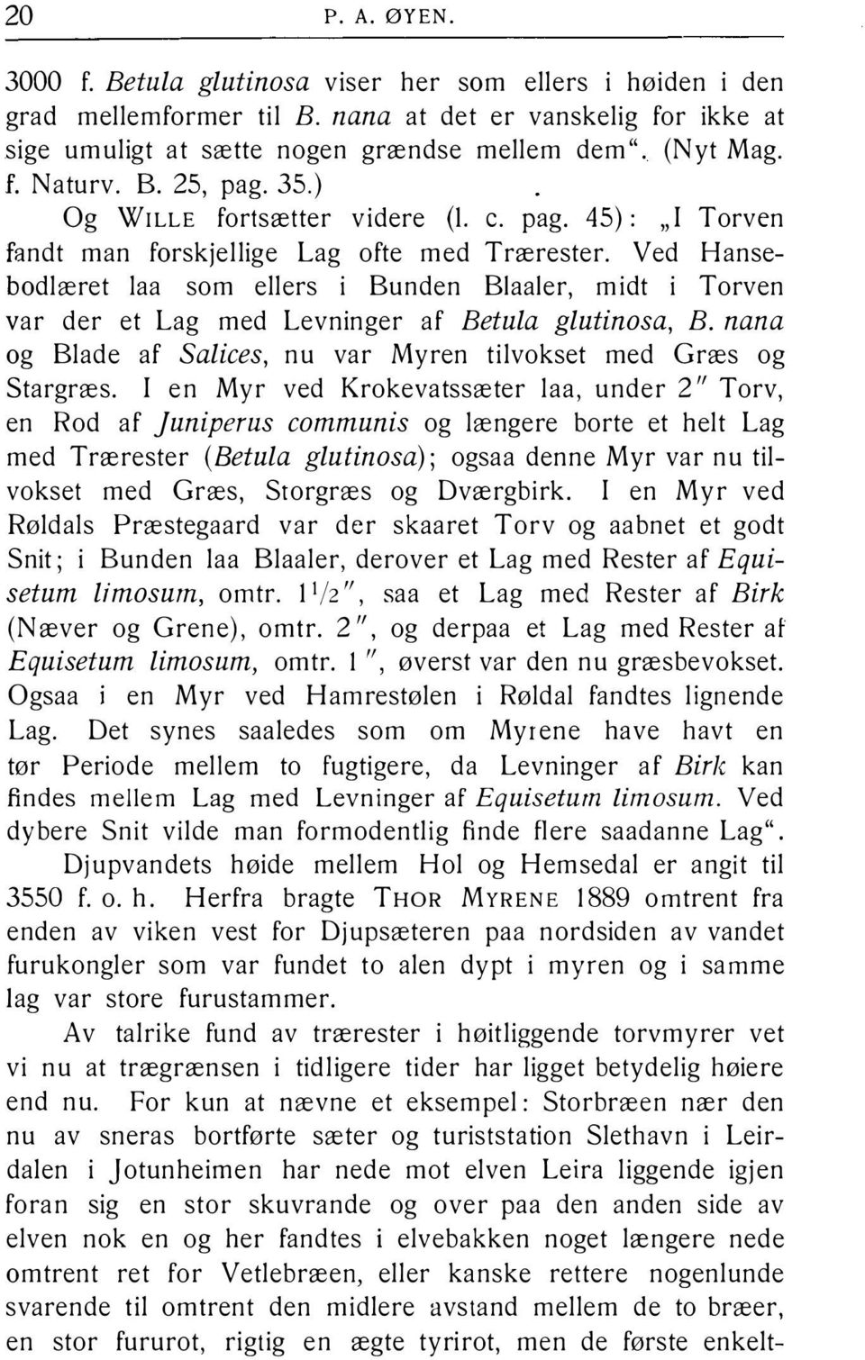 Ved Hansebodlæret laa som ellers i Bunden Blaaler, midt i Torven var der et Lag med Levninger af Betula glutinosa, B. nana og Blade af Salices, nu var Myren tilvokset med Græs og Stargræs.