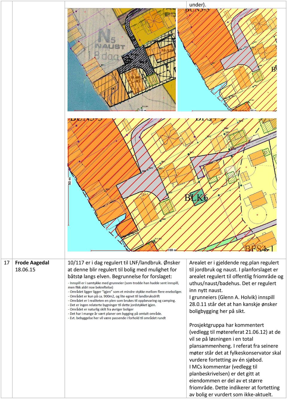 Det er regulert inn nytt naust. I grunneiers (Glenn A. Holvik) innspill 28.0.11 står det at han kanskje ønsker boligbygging her på sikt. Prosjektgruppa har kommentert (vedlegg til møtereferat 21.06.