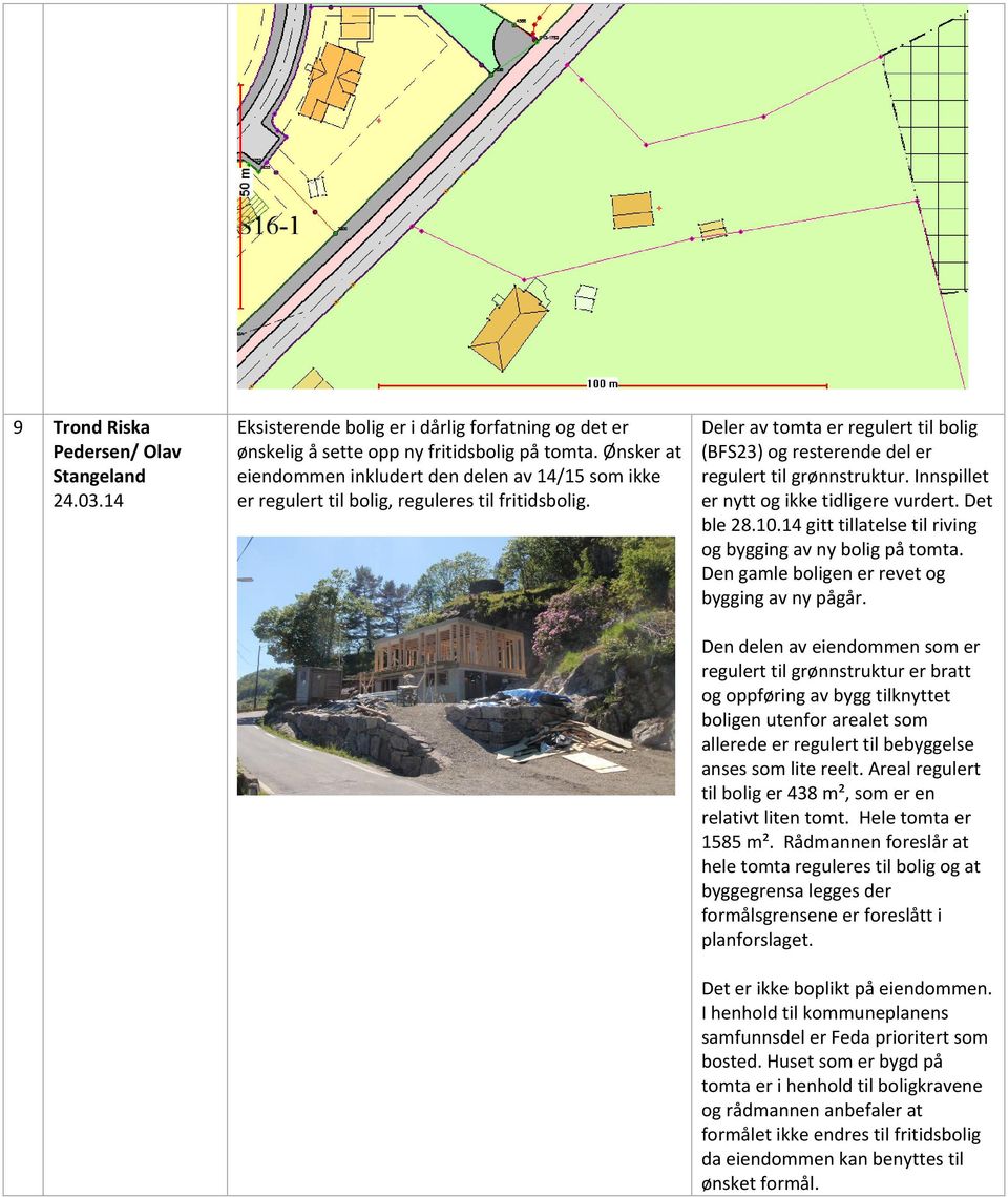 Deler av tomta er regulert til bolig (BFS23) og resterende del er regulert til grønnstruktur. Innspillet er nytt og ikke tidligere vurdert. Det ble 28.10.