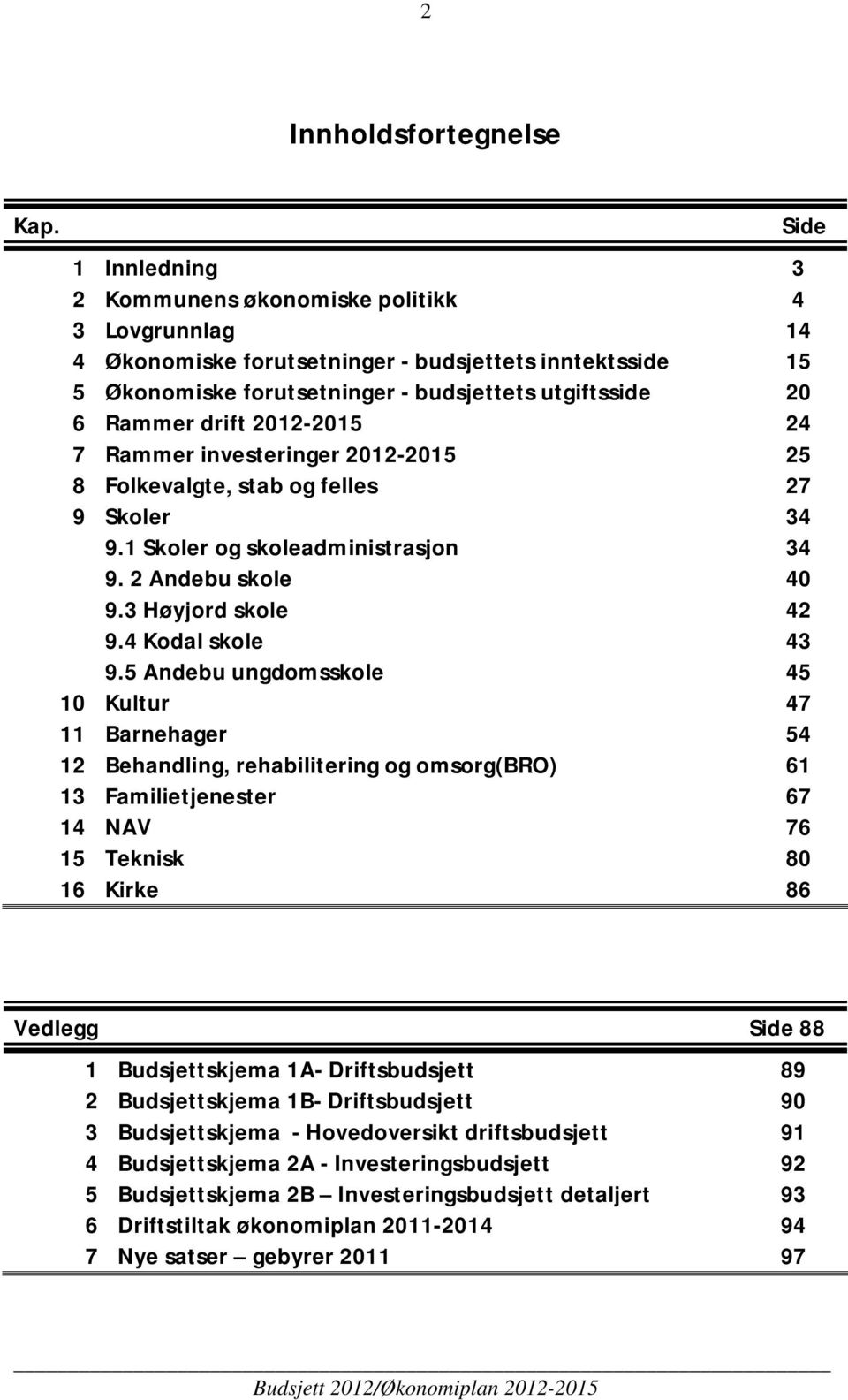 2012-2015 24 7 Rammer investeringer 2012-2015 25 8 Folkevalgte, stab og felles 27 9 Skoler 34 9.1 Skoler og skoleadministrasjon 34 9. 2 Andebu skole 40 9.3 Høyjord skole 42 9.4 Kodal skole 43 9.